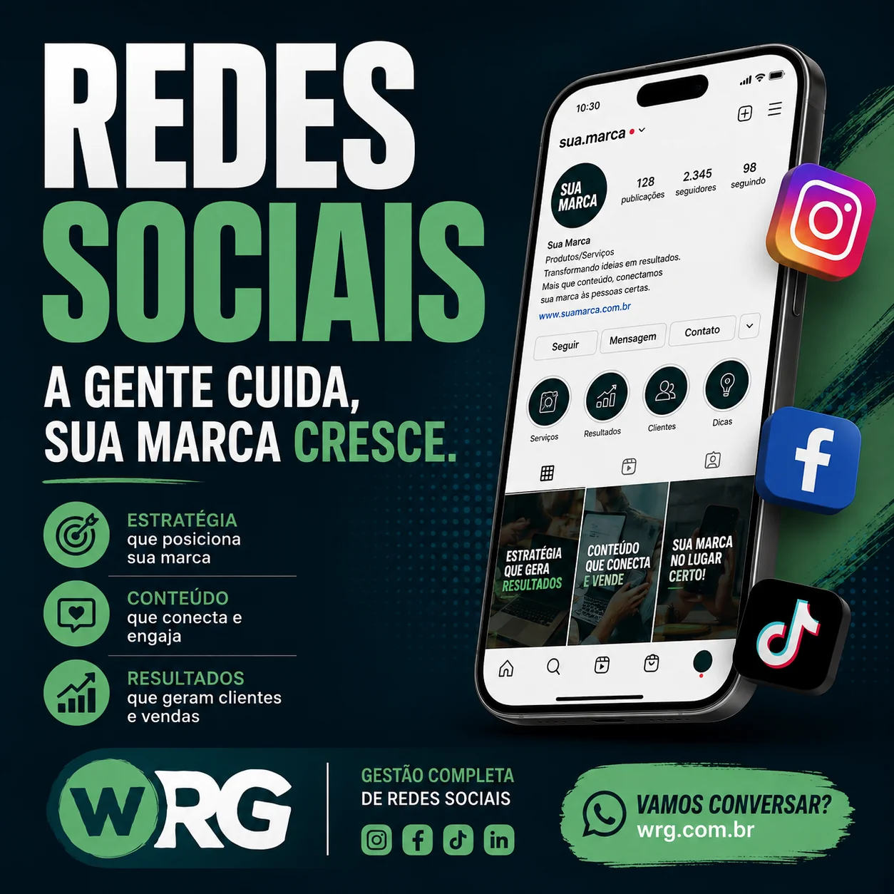 Mockup de celular mostrando perfil otimizado no Instagram com estratégia de redes sociais da WRG Marketing