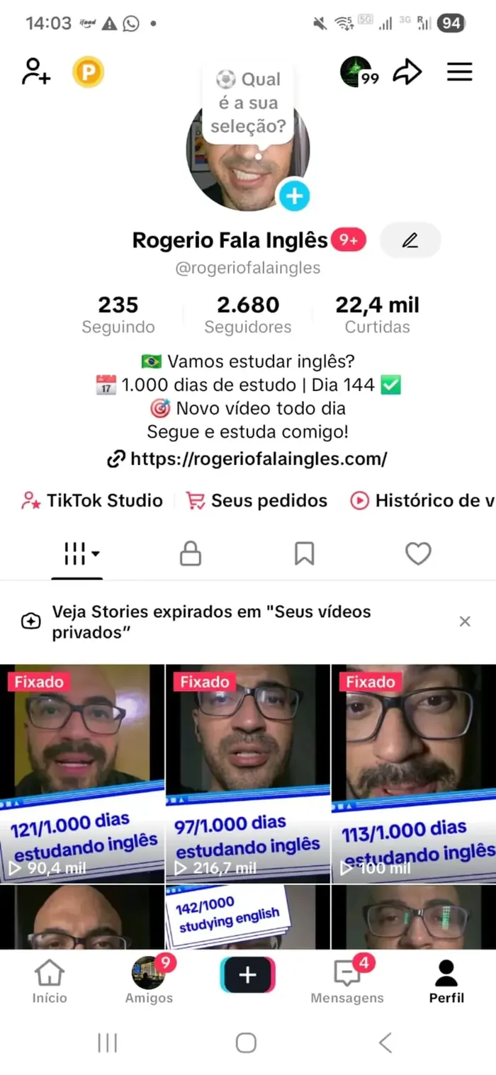 Print do perfil Rogério Fala Inglês